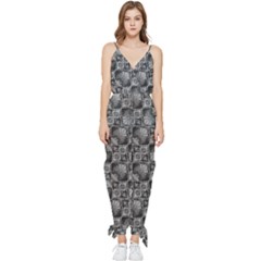 Black And Grey Rocky Geometric Pattern Design Sleeveless Tie Ankle Chiffon Jumpsuit