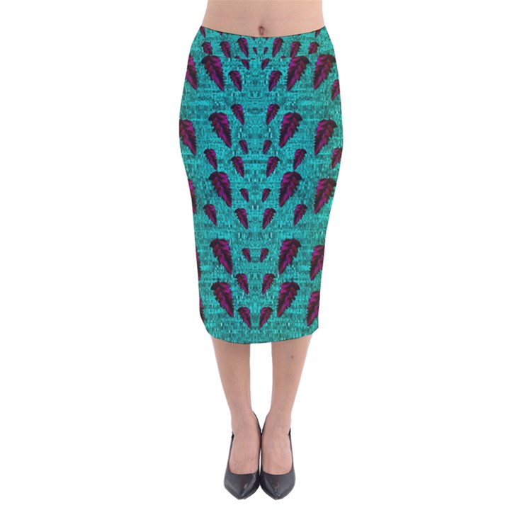 Leaves On Adorable Peaceful Captivating Shimmering Colors Velvet Midi Pencil Skirt