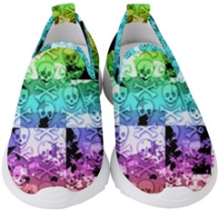 Rainbow Checker Skull Splatter Kids  Slip On Sneakers by ArtistRoseanneJones