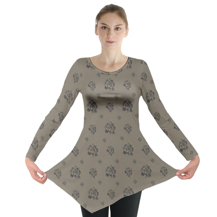 Stylized Cactus Motif Pattern Long Sleeve Tunic 