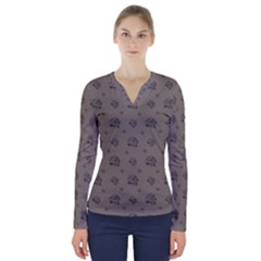 Stylized Cactus Motif Pattern V-neck Long Sleeve Top by dflcprintsclothing