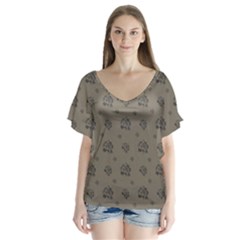 Stylized Cactus Motif Pattern V-neck Flutter Sleeve Top by dflcprintsclothing