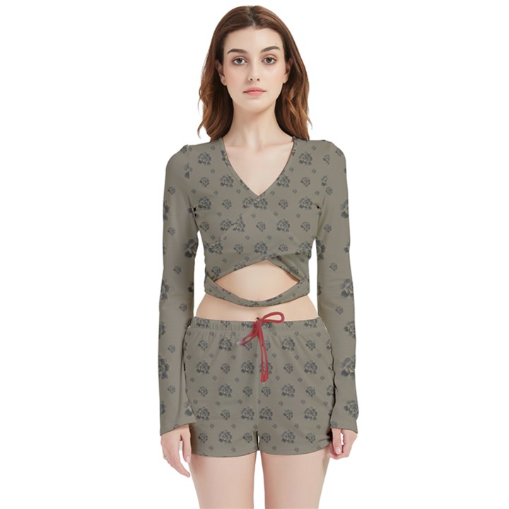 Stylized Cactus Motif Pattern Velvet Wrap Crop Top and Shorts Set