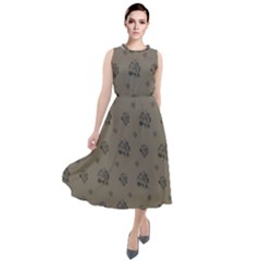 Stylized Cactus Motif Pattern Round Neck Boho Dress