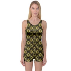 Tiled Mozaic Pattern, Gold And Black Color Symetric Design One Piece Boyleg Swimsuit by Casemiro