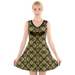 Tiled Mozaic Pattern, Gold And Black Color Symetric Design V-neck Sleeveless Dress by Casemiro