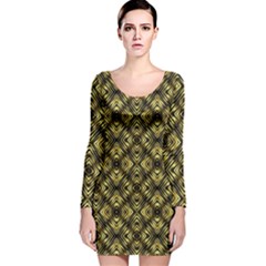 Tiled Mozaic Pattern, Gold And Black Color Symetric Design Long Sleeve Velvet Bodycon Dress