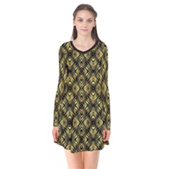 Tiled Mozaic Pattern, Gold And Black Color Symetric Design Long Sleeve V-neck Flare Dress by Casemiro