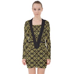 Tiled Mozaic Pattern, Gold And Black Color Symetric Design V-neck Bodycon Long Sleeve Dress by Casemiro