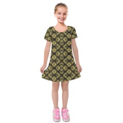 Tiled Mozaic Pattern, Gold And Black Color Symetric Design Kids  Short Sleeve Velvet Dress