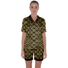 Tiled Mozaic Pattern, Gold And Black Color Symetric Design Satin Short Sleeve Pajamas Set by Casemiro