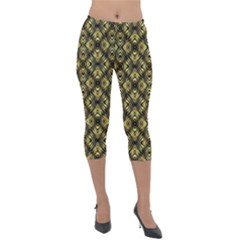 Tiled Mozaic Pattern, Gold And Black Color Symetric Design Lightweight Velour Capri Leggings  by Casemiro