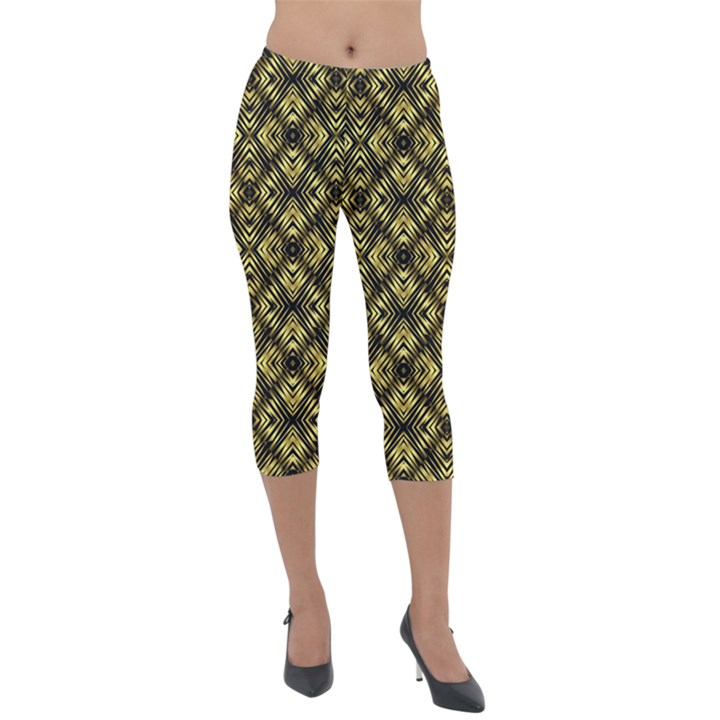 Tiled mozaic pattern, gold and black color symetric design Lightweight Velour Capri Leggings 