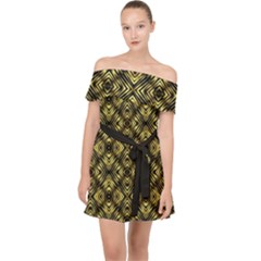 Tiled Mozaic Pattern, Gold And Black Color Symetric Design Off Shoulder Chiffon Dress by Casemiro