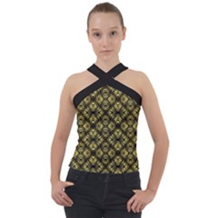 Tiled Mozaic Pattern, Gold And Black Color Symetric Design Cross Neck Velour Top by Casemiro