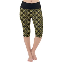 Tiled Mozaic Pattern, Gold And Black Color Symetric Design Lightweight Velour Cropped Yoga Leggings by Casemiro