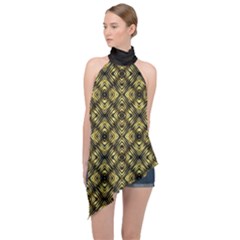 Tiled Mozaic Pattern, Gold And Black Color Symetric Design Halter Asymmetric Satin Top by Casemiro