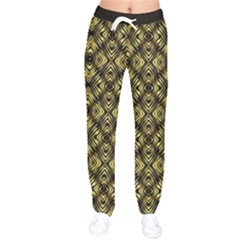 Tiled Mozaic Pattern, Gold And Black Color Symetric Design Women Velvet Drawstring Pants