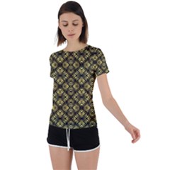 Tiled Mozaic Pattern, Gold And Black Color Symetric Design Back Circle Cutout Sports Tee by Casemiro