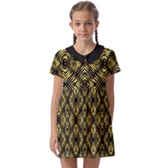 Tiled Mozaic Pattern, Gold And Black Color Symetric Design Kids  Asymmetric Collar Dress