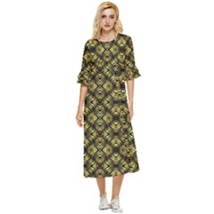 Tiled Mozaic Pattern, Gold And Black Color Symetric Design Double Cuff Midi Dress