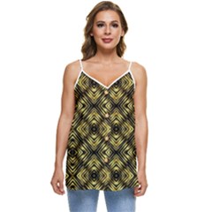 Tiled Mozaic Pattern, Gold And Black Color Symetric Design Casual Spaghetti Strap Chiffon Top