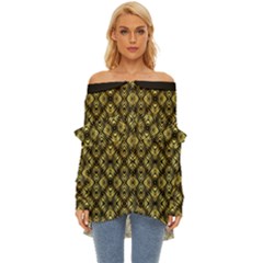 Tiled Mozaic Pattern, Gold And Black Color Symetric Design Off Shoulder Chiffon Pocket Shirt by Casemiro