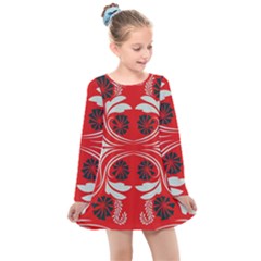 Folk Flowers Print Floral Pattern Ethnic Art Kids  Long Sleeve Dress by Eskimos