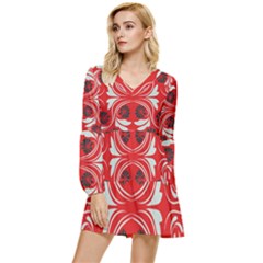 Folk Flowers Print Floral Pattern Ethnic Art Tiered Long Sleeve Mini Dress