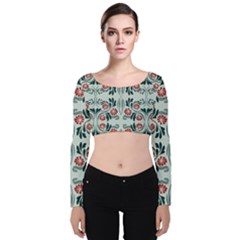 Folk Flowers Print Floral Pattern Ethnic Art Velvet Long Sleeve Crop Top by Eskimos