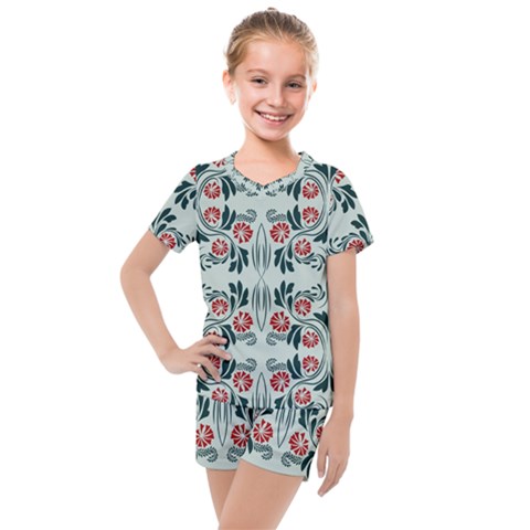 Folk Flowers Print Floral Pattern Ethnic Art Kids  Mesh Tee And Shorts Set by Eskimos