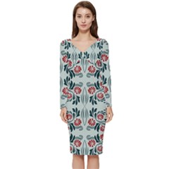 Folk Flowers Print Floral Pattern Ethnic Art Long Sleeve V-neck Bodycon Dress  by Eskimos