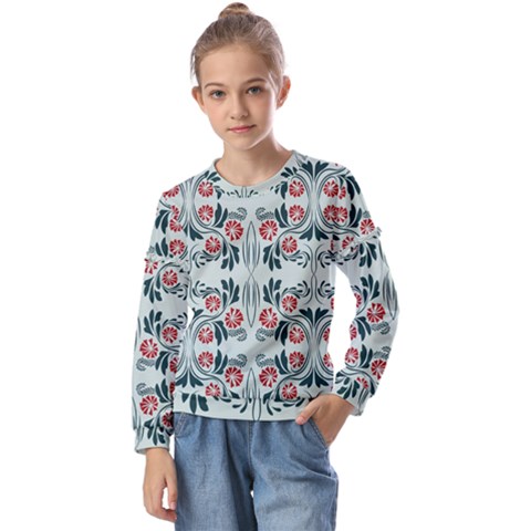 Folk Flowers Print Floral Pattern Ethnic Art Kids  Long Sleeve Tee With Frill  by Eskimos