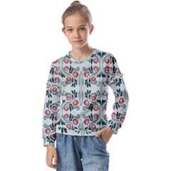 Folk Flowers Print Floral Pattern Ethnic Art Kids  Long Sleeve Tee With Frill 