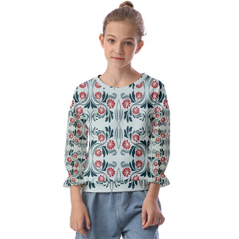 Folk Flowers Print Floral Pattern Ethnic Art Kids  Cuff Sleeve Top by Eskimos