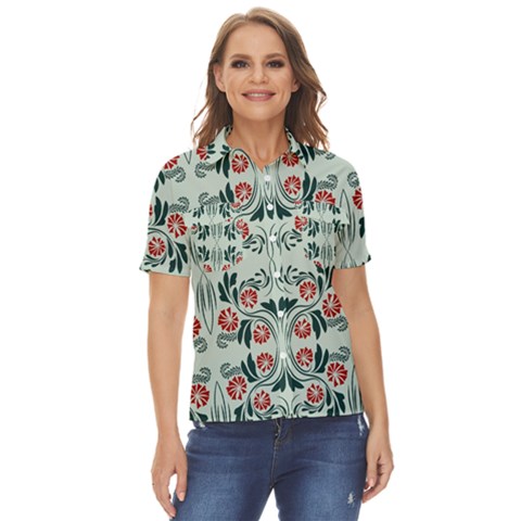 Folk Flowers Print Floral Pattern Ethnic Art Women s Short Sleeve Double Pocket Shirt by Eskimos