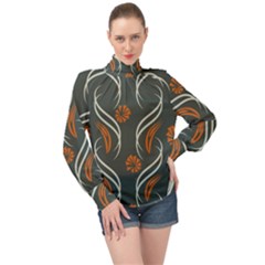 Folk Flowers Print Floral Pattern Ethnic Art High Neck Long Sleeve Chiffon Top by Eskimos