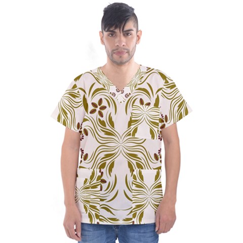 Folk Flowers Print Floral Pattern Ethnic Art Men s V-neck Scrub Top by Eskimos