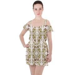 Folk Flowers Print Floral Pattern Ethnic Art Ruffle Cut Out Chiffon Playsuit by Eskimos