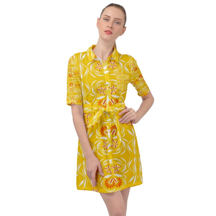 Folk flowers print Floral pattern Ethnic art Belted Shirt Dress