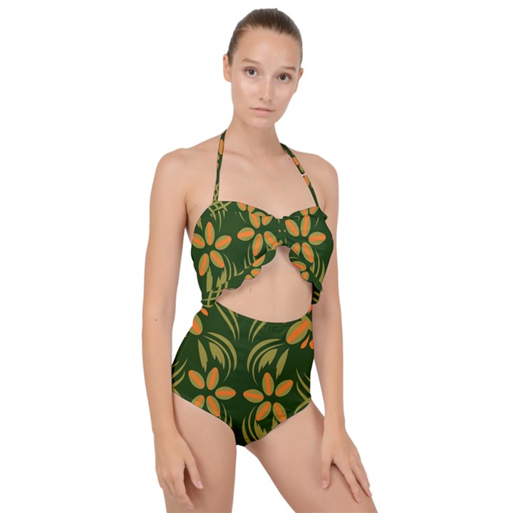 Folk flowers print Floral pattern Ethnic art Scallop Top Cut Out Swimsuit