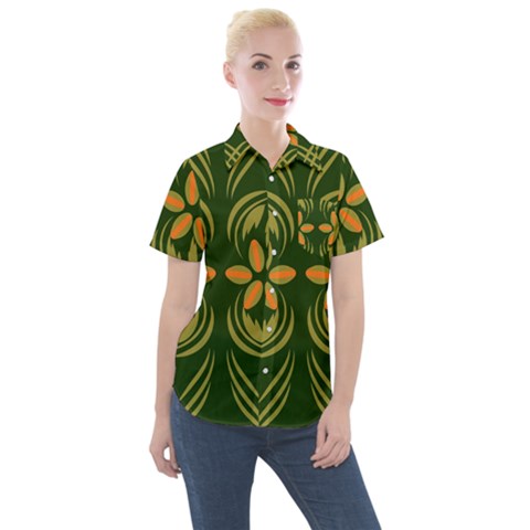 Folk Flowers Print Floral Pattern Ethnic Art Women s Short Sleeve Pocket Shirt by Eskimos