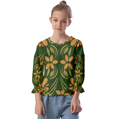 Folk Flowers Print Floral Pattern Ethnic Art Kids  Cuff Sleeve Top by Eskimos