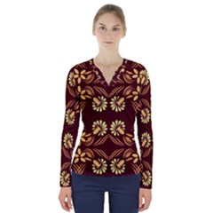 Folk Flowers Print Floral Pattern Ethnic Art V-neck Long Sleeve Top by Eskimos