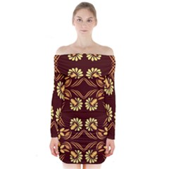 Folk Flowers Print Floral Pattern Ethnic Art Long Sleeve Off Shoulder Dress by Eskimos