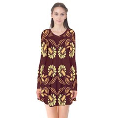 Folk Flowers Print Floral Pattern Ethnic Art Long Sleeve V-neck Flare Dress