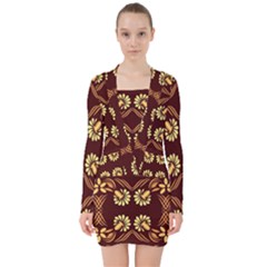 Folk Flowers Print Floral Pattern Ethnic Art V-neck Bodycon Long Sleeve Dress by Eskimos