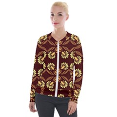 Folk Flowers Print Floral Pattern Ethnic Art Velvet Zip Up Jacket by Eskimos