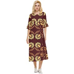 Folk Flowers Print Floral Pattern Ethnic Art Double Cuff Midi Dress