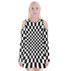 Illusion Checkerboard Black And White Pattern Velvet Long Sleeve Shoulder Cutout Dress